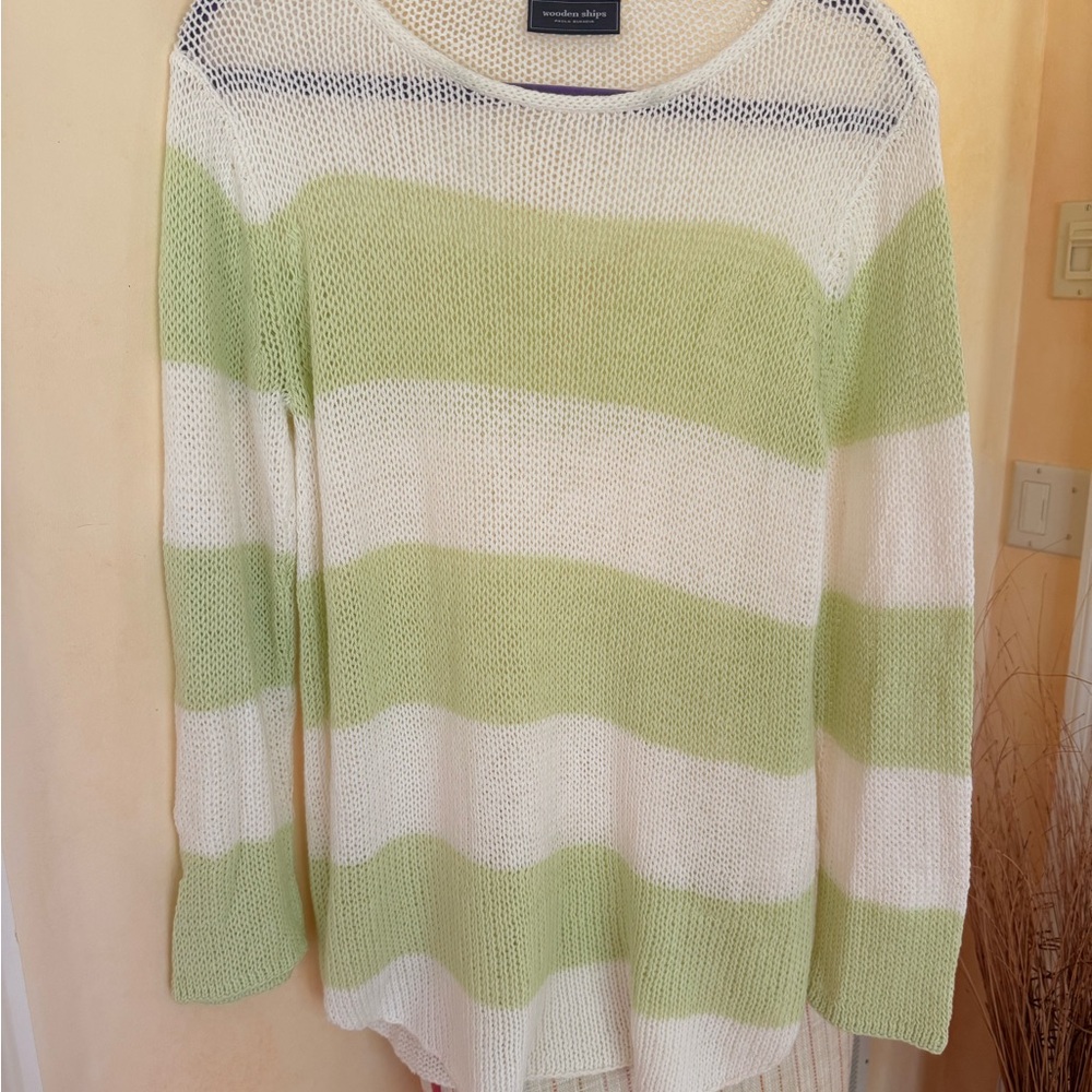 Wooden Ships Striped Green and White Lightweight Soft Knit Women's Sweater